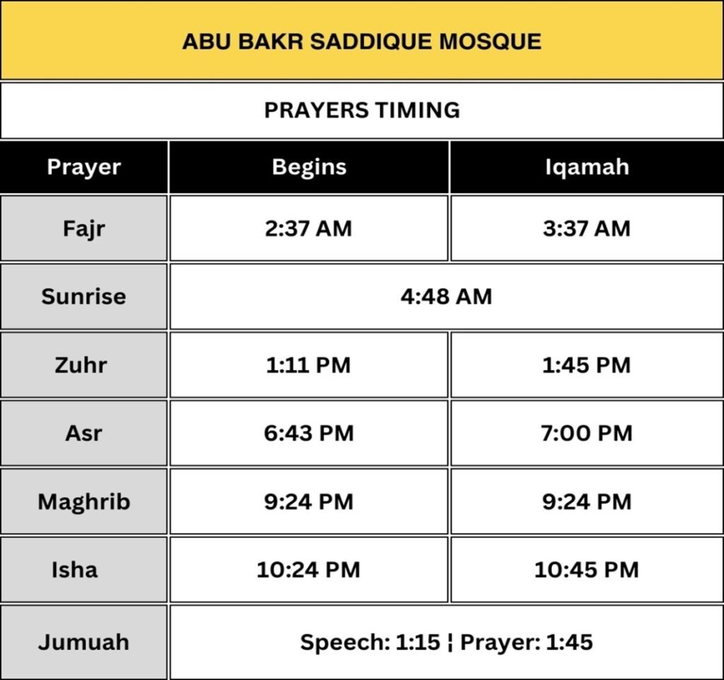 Abu Bakr Saddique Mosqye Prayer Time, Abu Bakr Saddique Mosque, Umrah Taxi